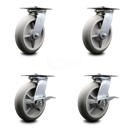 Service Caster 8 Inch Thermoplastic Rubber Swivel Caster Set with Roller Bearings 2 Brakes SCC SCC-35S820-TPRRD-2-SLB-2
